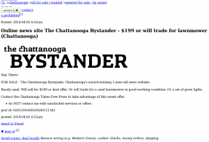 The TFP's listing on Craigslist to sell The Chattanooga Bystander