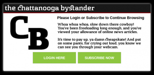 Chattanooga Bystander paywall pop-up window