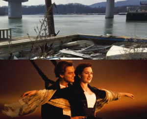 Sinking North Shore barge (top), still from the film "Titanic" (bottom)