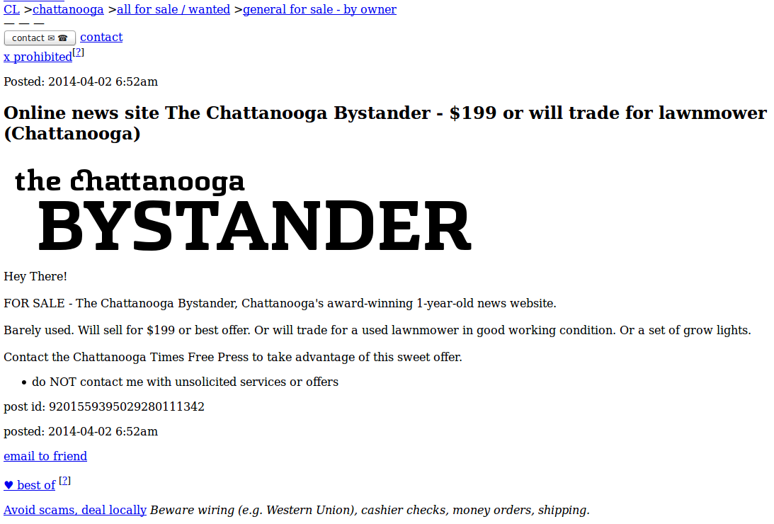 Times Free Press lists Chattanooga Bystander for sale on ...